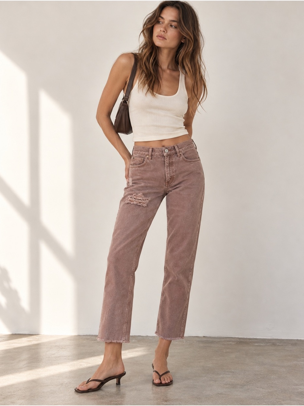 Sandro High Rise Straight Crop Jeans 38 S Dusty Rose Pink Distressed Denim $350